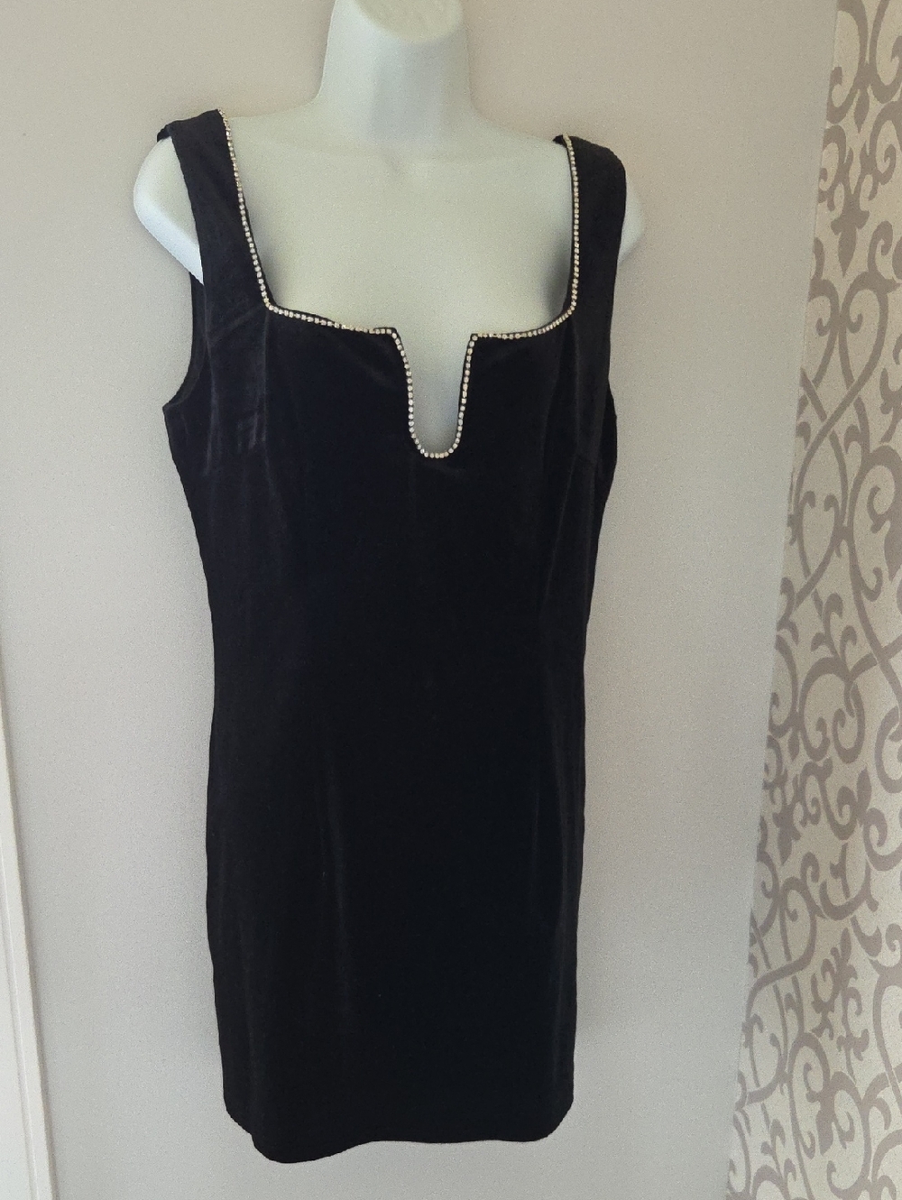 Black Velvet Sheath Dress with Rhinestone Trim